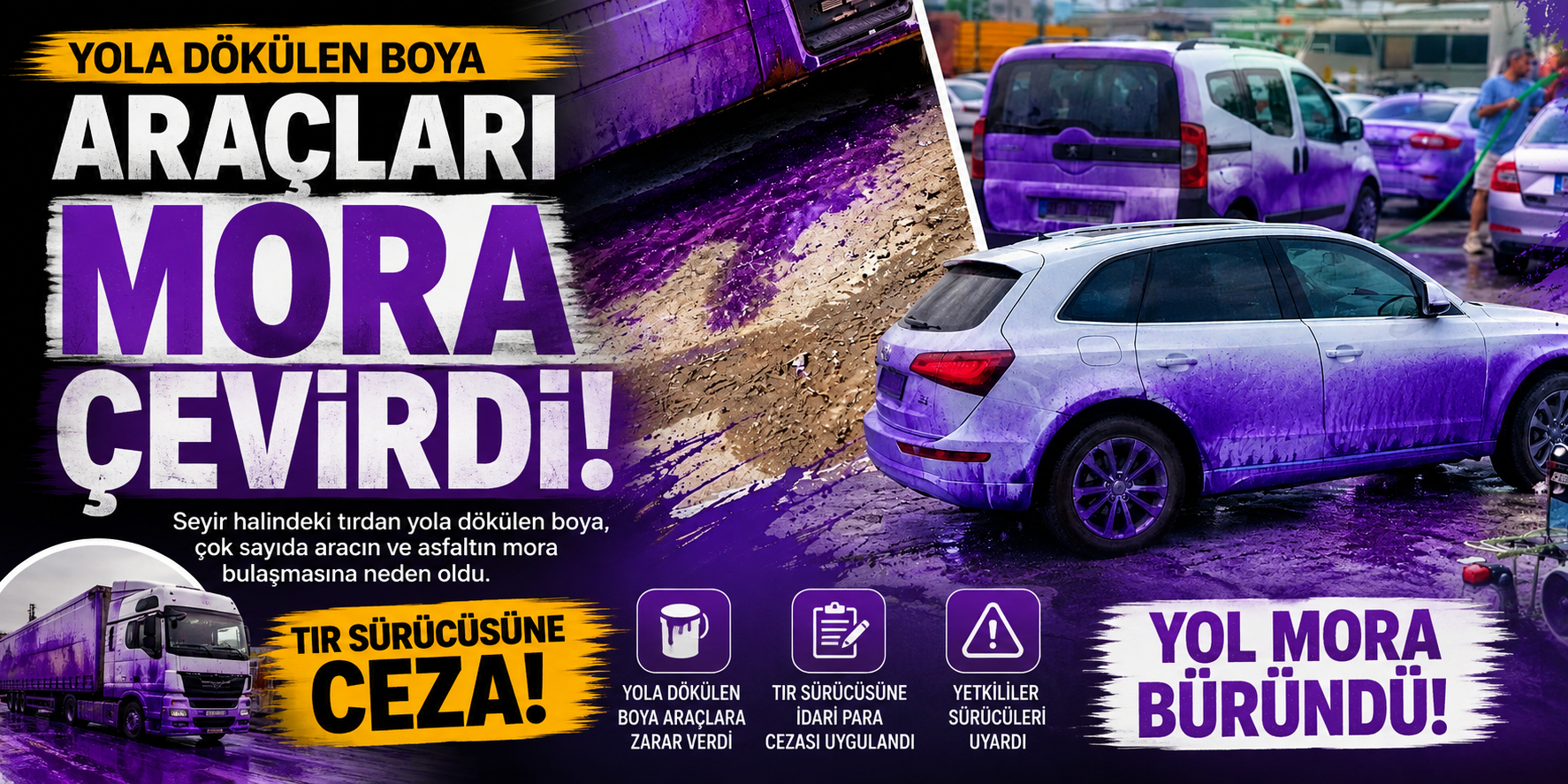 Yola dökülen boya araçları mora çevirdi: Tır sürücüsüne ceza