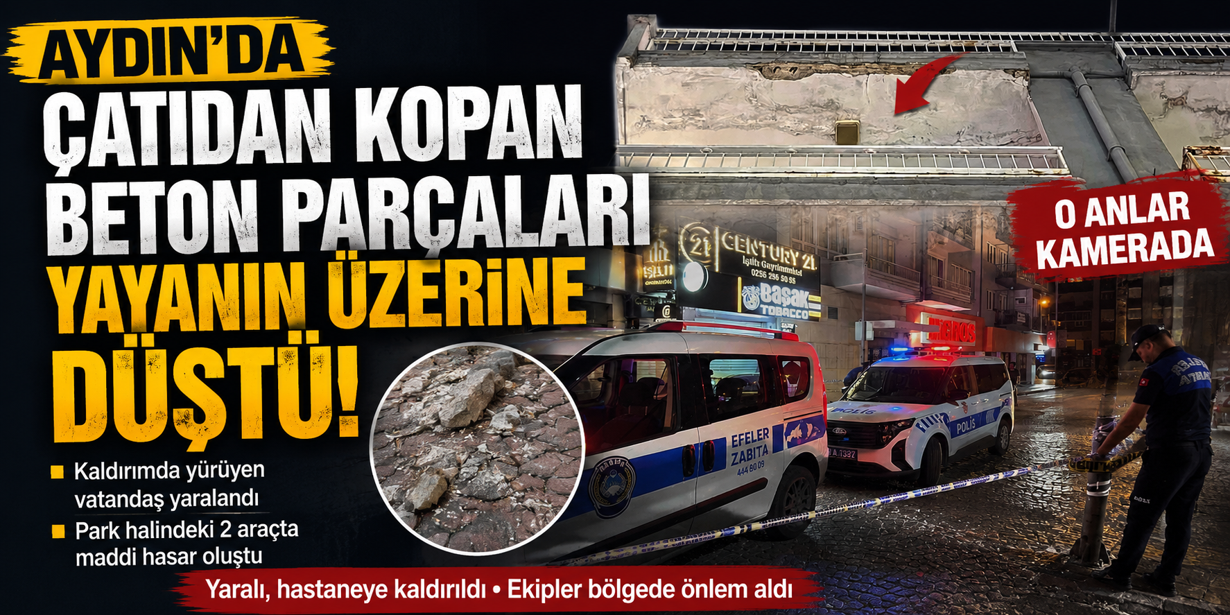 Aydın’da çatıdan kopan beton parçaları yayanın üzerine düştü