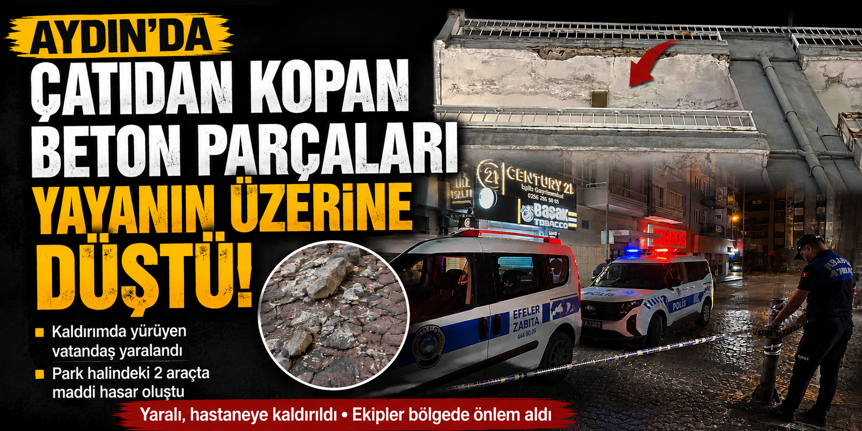 Aydın’da çatıdan kopan beton parçaları yayanın üzerine düştü