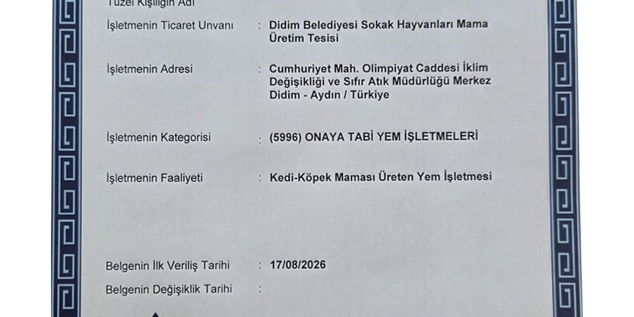 Didim’in mama üretim tesisine onay belgesi verildi