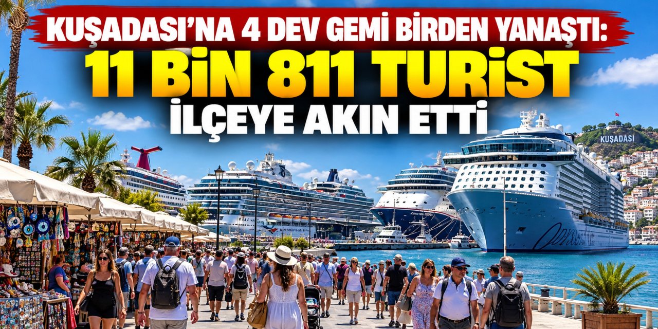 Kuşadası’na 4 dev gemi birden yanaştı: 11 bin 811 turist ilçeye akın etti