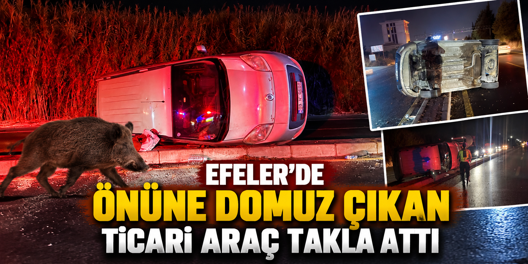 Efeler’de önüne domuz çıkan ticari araç takla attı