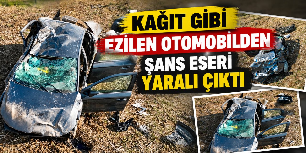 Kağıt gibi ezilen otomobilden şans eseri yaralı çıktı