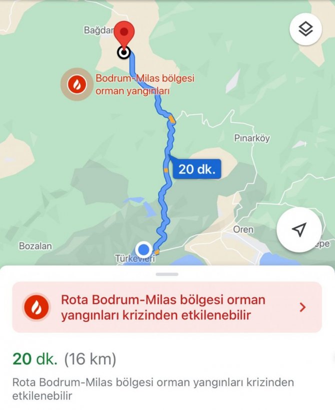 Muğla’daki yangınlar navigasyon uygulamalarına da yansıdı